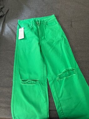 Love Bright Green Distressed Wide-Leg Jeans